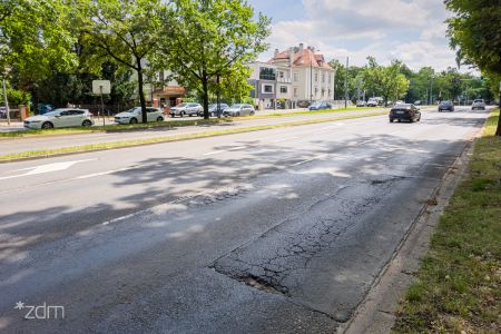 Zniszczona jezdnia wśród drzew. Po niej jedzie samochód