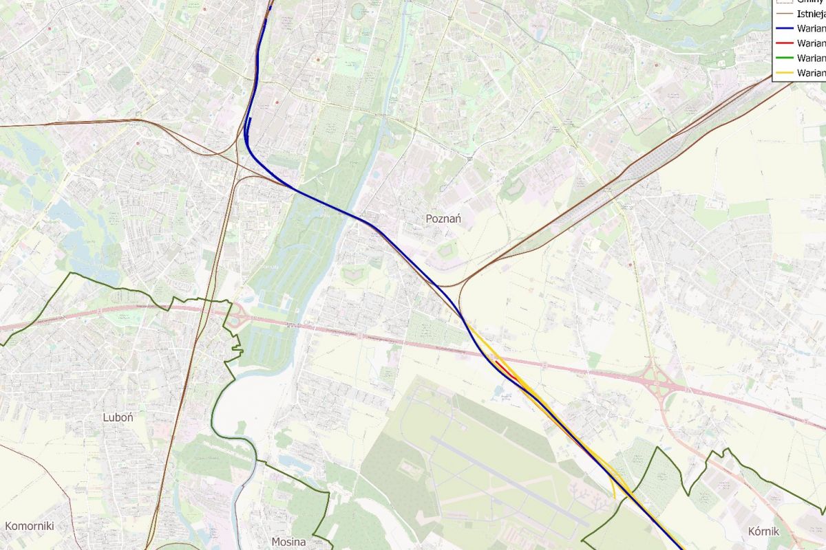 Mapa. Proponowany przebieg linii Kolei Dużych Prędkości na terenie Poznania