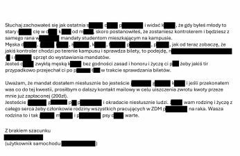 Ocenzurowana treść maila, która wpłynęła do ZDMu.