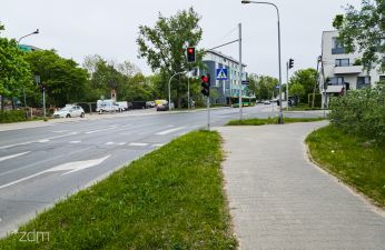 widok na ul. Piątkowską w kierunku północny, po lewej widać jezdnię, po prawej zieleń, znaki drogowe oraz fragment chodnika; w oddali skrzyżowanie z sygnalizacją świetlną oraz budynek.
