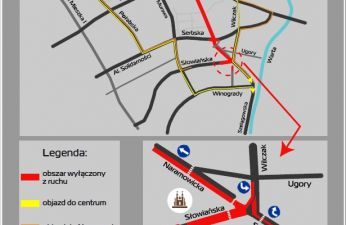 Schemat sugerowanych objazdów w związku z pracami na skrzyżowaniu ulic Słowiańskiej z Naramowicką