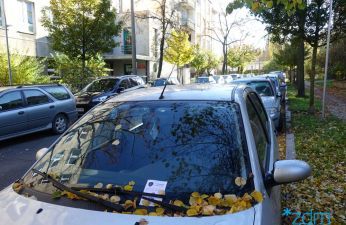 Straż Miejska informuje kierowców, za pomocą ulotek, o konieczności przeparkowania samochodów. 