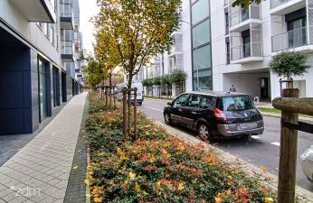 Ściana budynku mieszkalnego, chodnik, pas zieleni i jezdnia z zaparkowanymi samochodami