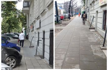 po lewej zdjęcie chodnika i zaparkowanych pojazdów z 2020 roku, po prawej zdjęcie z 2023 r. pokazujące nowy chodnik przez pojazdów