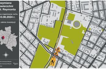 Mapa pokazuje układ ulic oraz zmiany w organizacji ruchu w rejonie prac.