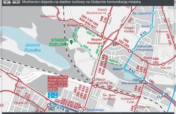 Mapa możliwości dojazdu na stadion na Golęcinie komunikacją miejską