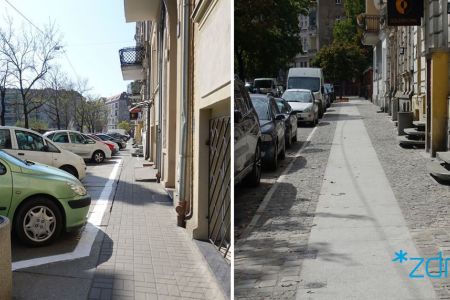 Dwa zdjęcia. Na starszym parkując samochody na zniszczonym chodniku. Na nowszym samochody parkują na jezdni, a chodnik jest wyremontowany