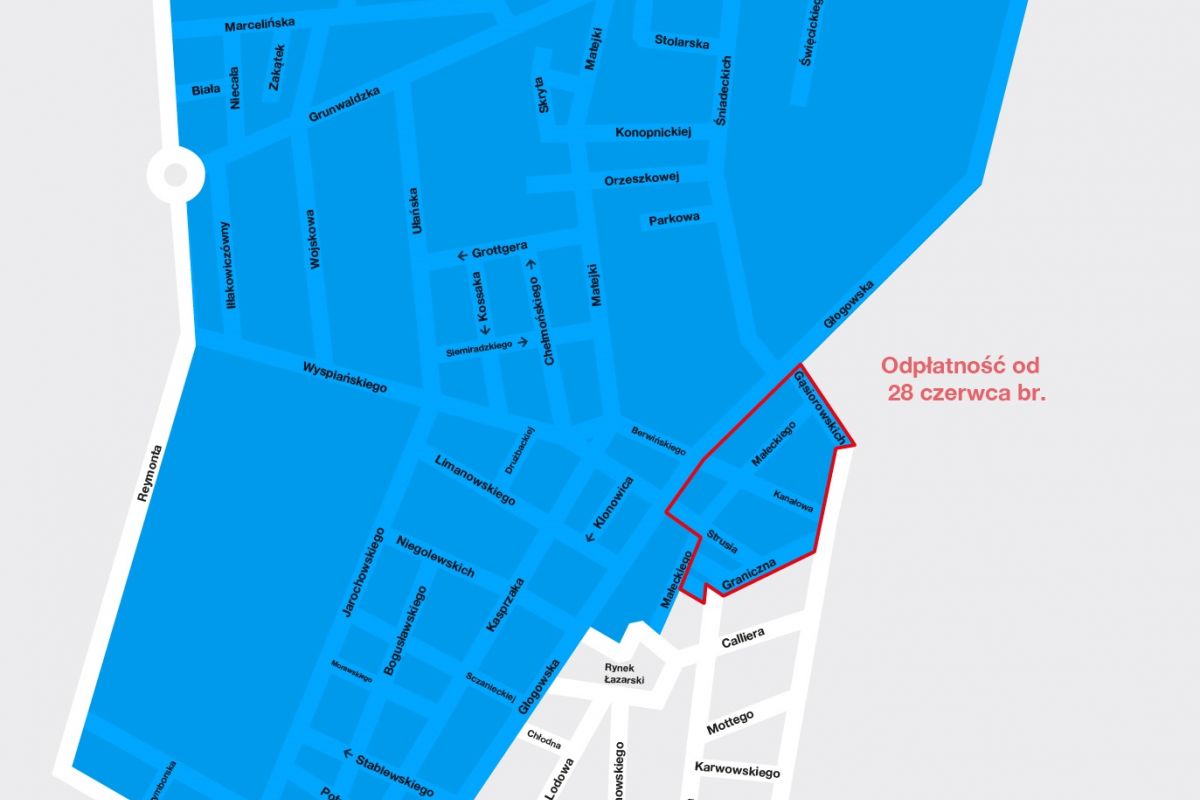 Mapa strefy parkowania na Łazarzu. Kolorem szarym zaznaczono gdzie nie ma jeszcze płatnego parkowania. Niebieskim ulice z płatnym parkowaniem