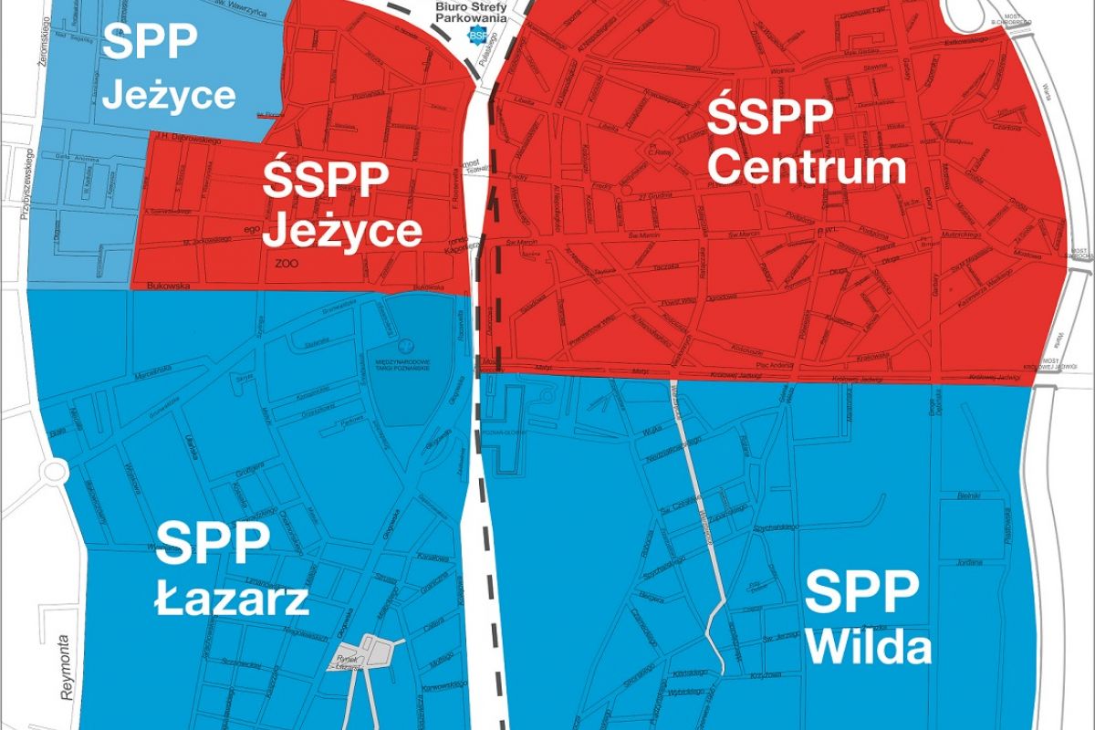 Mapa przedstawiająca ulice Poznania objęte poborem opłat za parkowanie