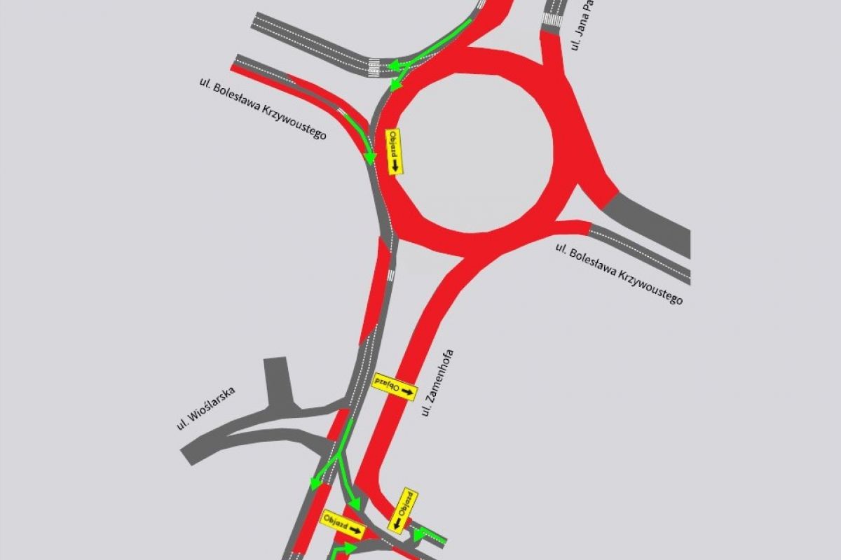 Mapa na której zaznaczone są zamknięte ulice przy rondzie Rataje