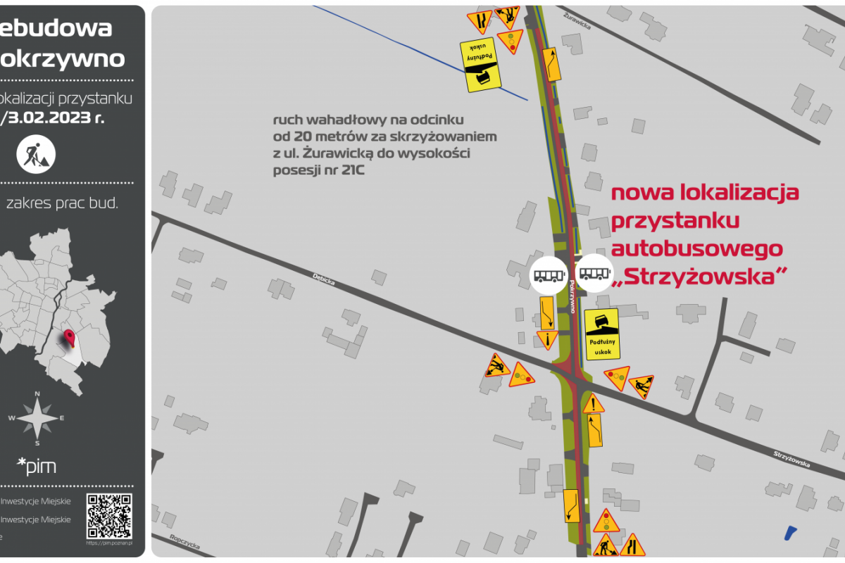 Mapka pokazująca nową tymczasowego lokalizację przystanku autobusowego Strzyżowskaję no