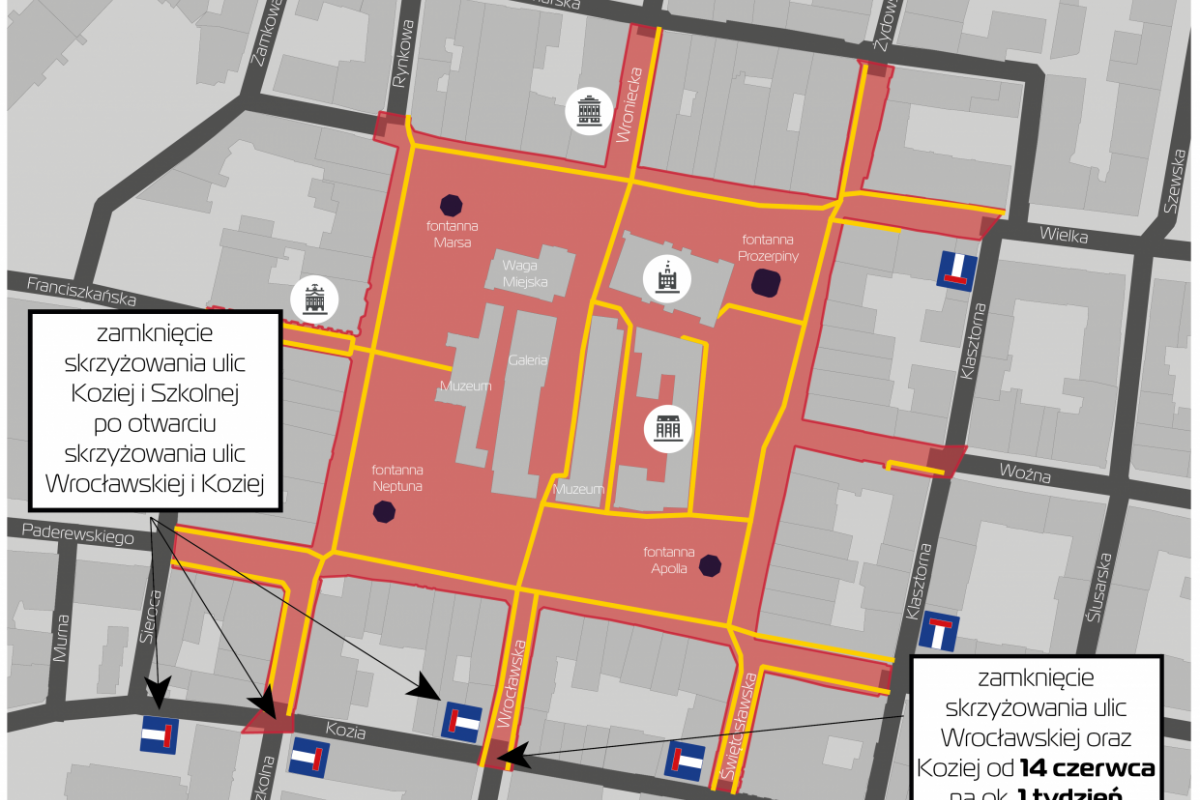 Schematyczna mapa przedstawiająca zmiany w organizacji ruchu w rejonie Starego Rynku