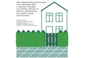 Dom, płot i chodnik oraz informacja skierowana do właścicieli nieruchomości
