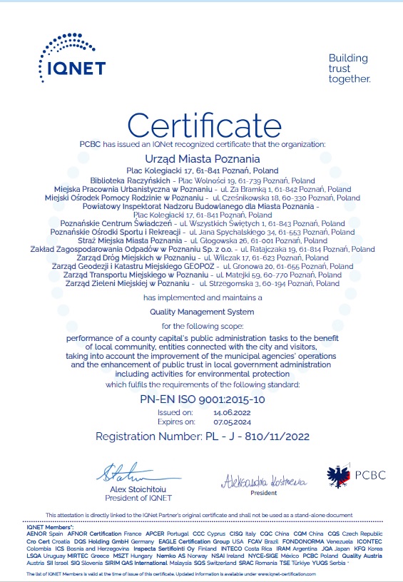 Dokument certyfikatu ISO w języku angielskim