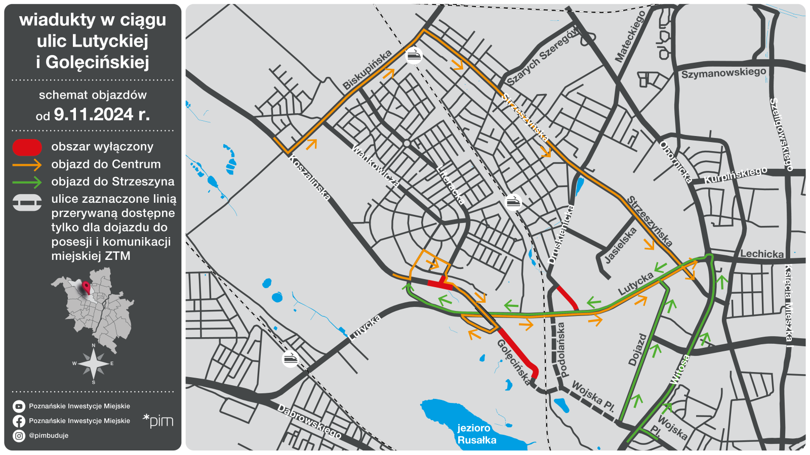 Schemat objazdów w rejonie ul. Golęcińskiej od 9 listopada 2024 r.