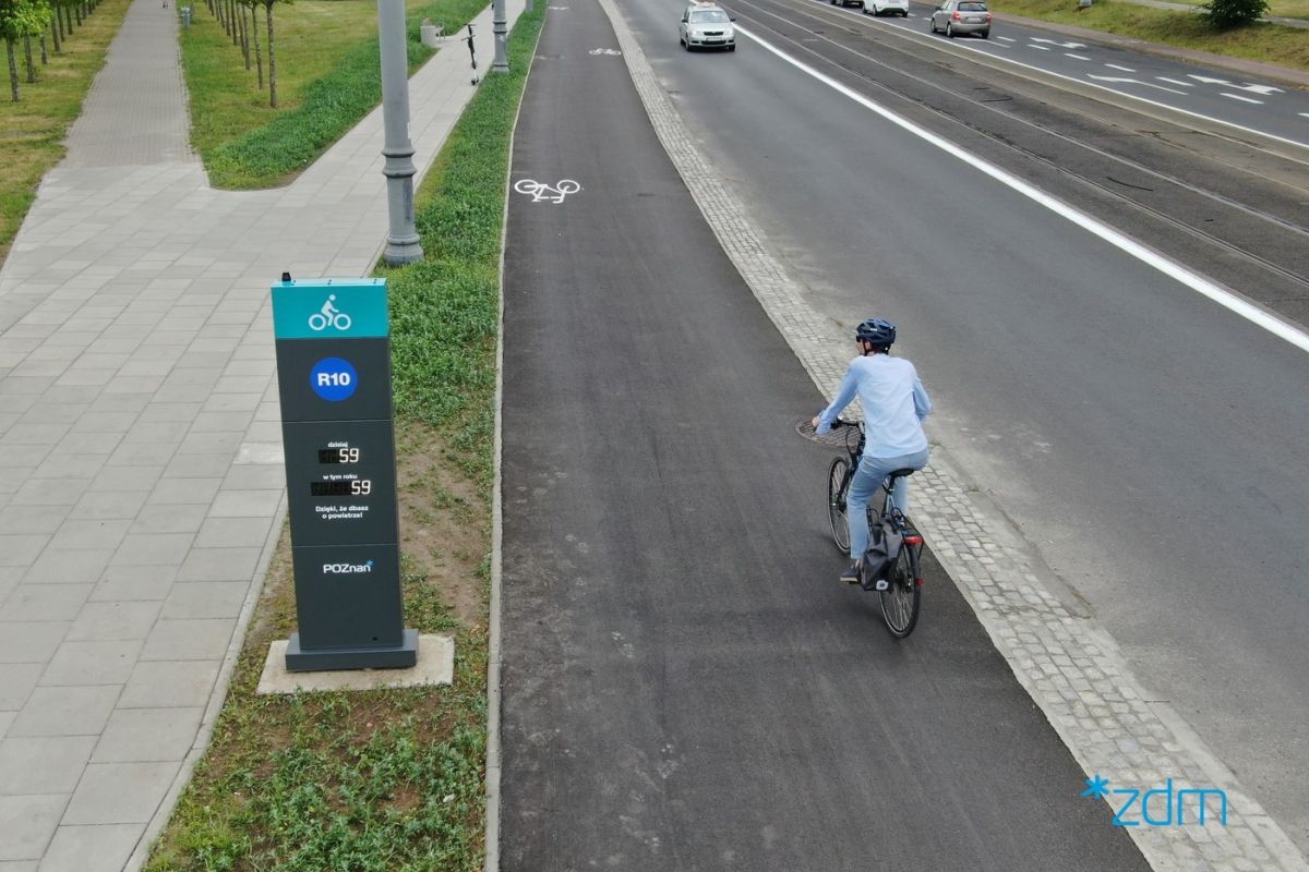 Po lewej stronie chodnik, następnie pas zieleni z licznikiem rowerowym. Po prawej rowerzysta na drodze rowerowej i jezdnia z samochodem