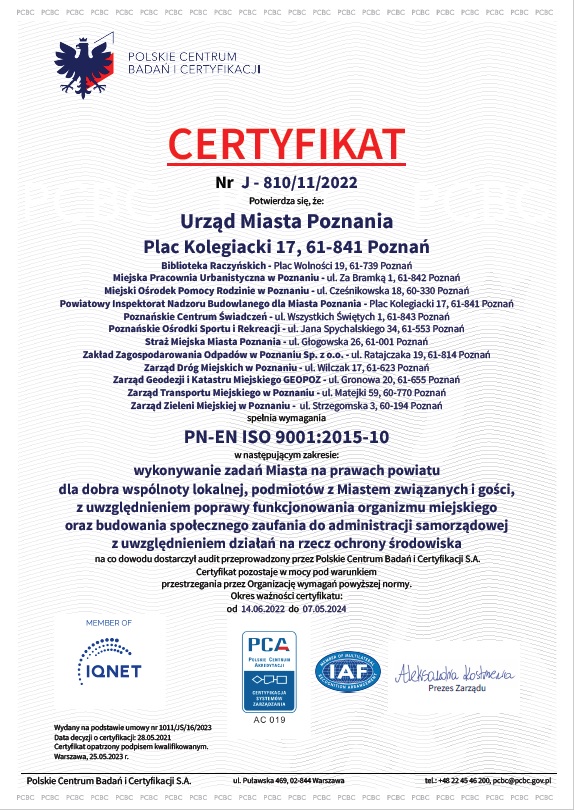 Dokument certyfikatu ISO w języku polskim