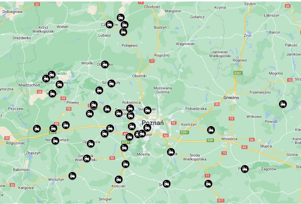 Mapa z naniesionymi miejscami protestów rolników wokół Poznania fot. screen z map google Rola Wielkopolski 